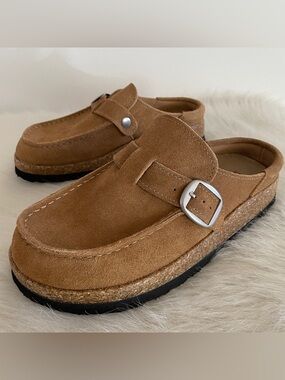 Project cloud Tan Suede Buckle Slip-On Clog